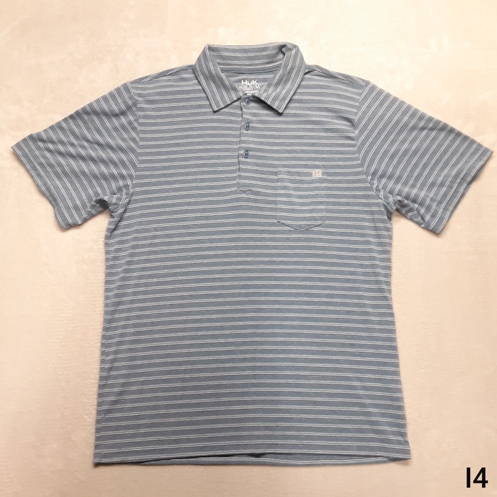 Huk Mens Performance Polo Medium Blue Chest Pocket Striped Rayon Blend - Picture 9 of 9